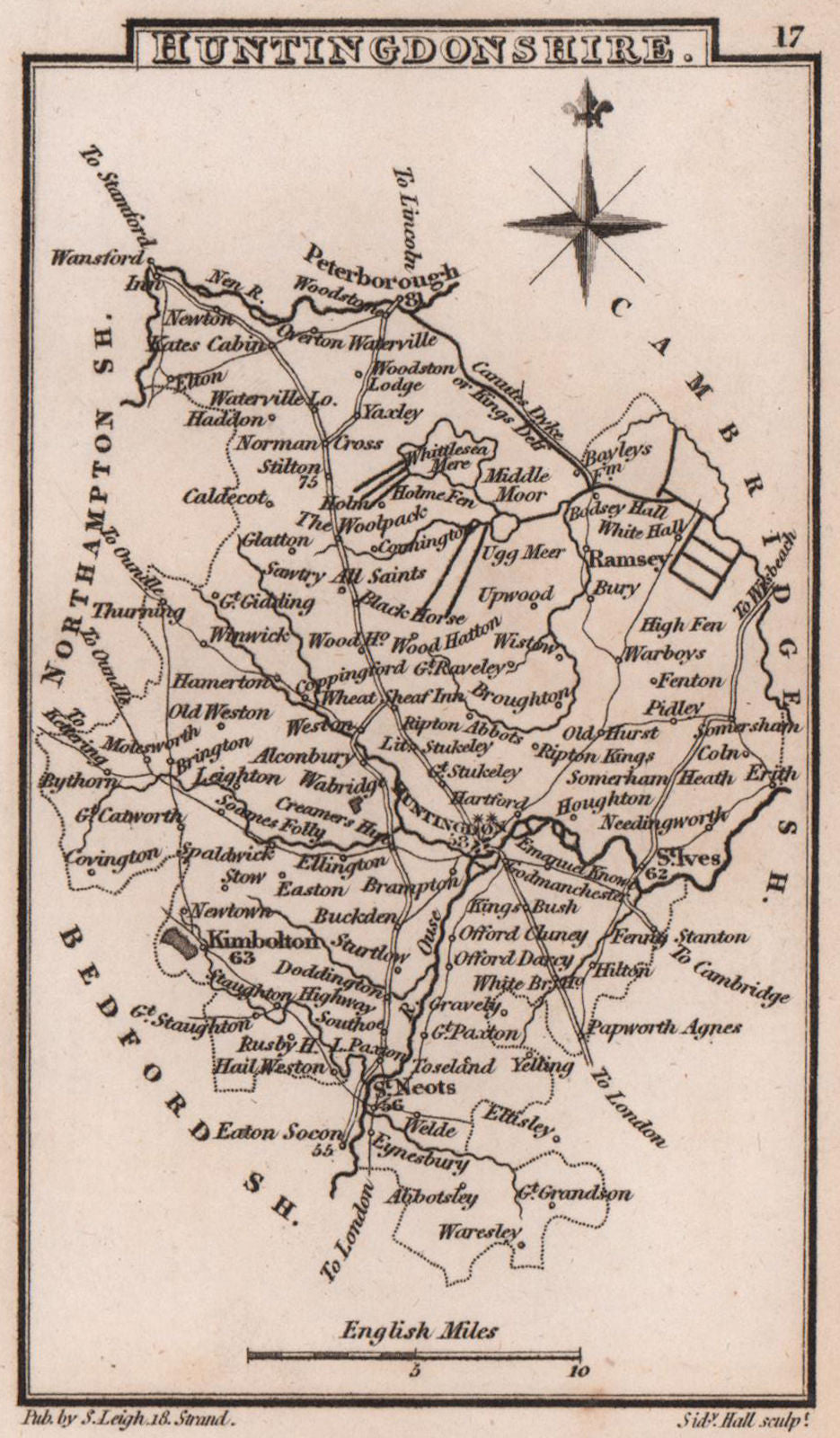 Huntingdonshire miniature county map by Samuel Leigh / Sidney Hall c1820
